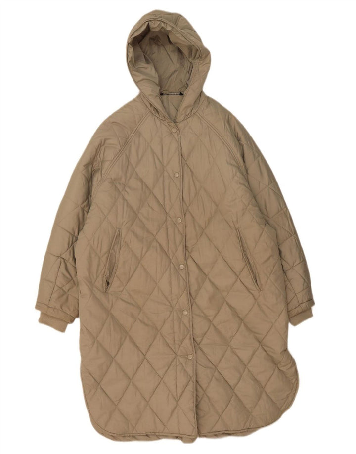 ZARA Womens Hooded Quilted Overcoat UK 10 Small Grey Polyester