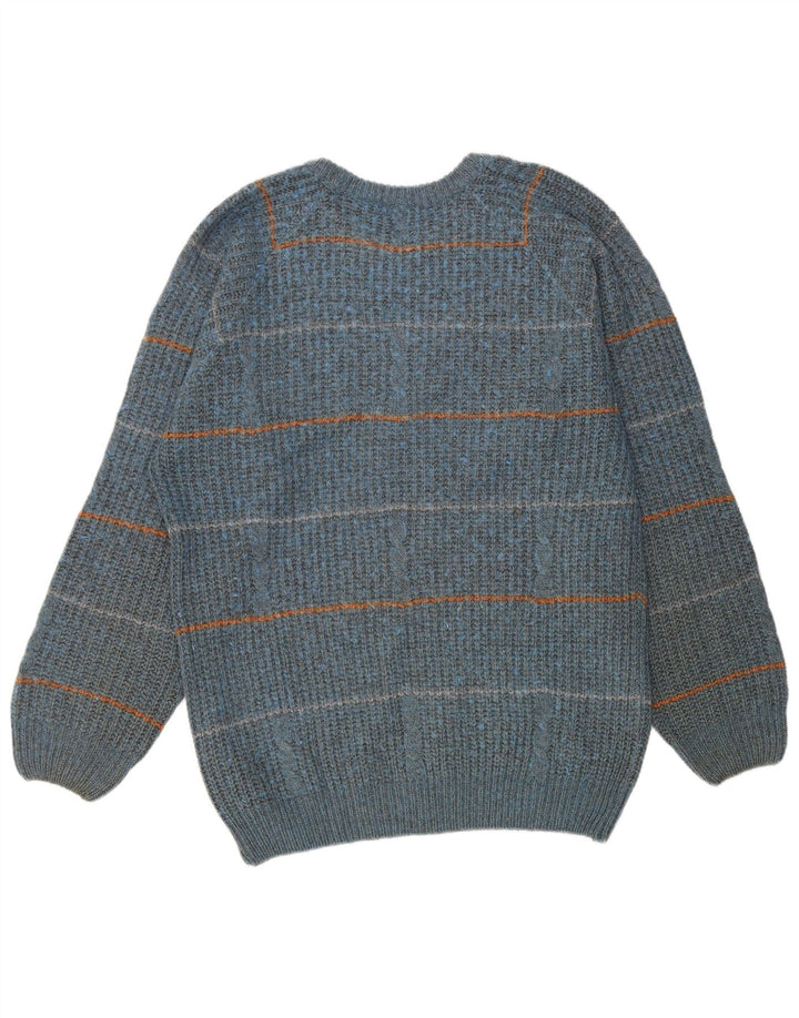 vintage Mens Crew Neck Jumper Pull IT 50 Bleu Moyen Rayé