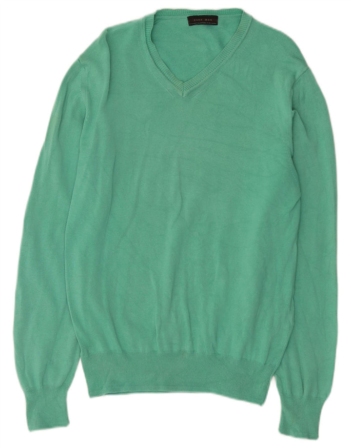 Zara Pull Col V Homme Vert Moyen Coton