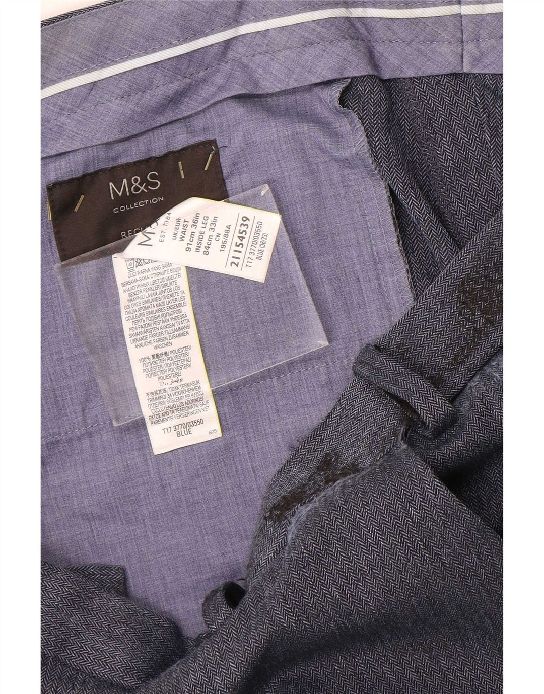 Marks & Spencer Pantalon de costume classique pour homme W36 L33 Bleu à chevrons