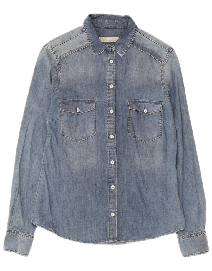 Zara Chemise en jean pour femme UK 14 Large Bleu Coton