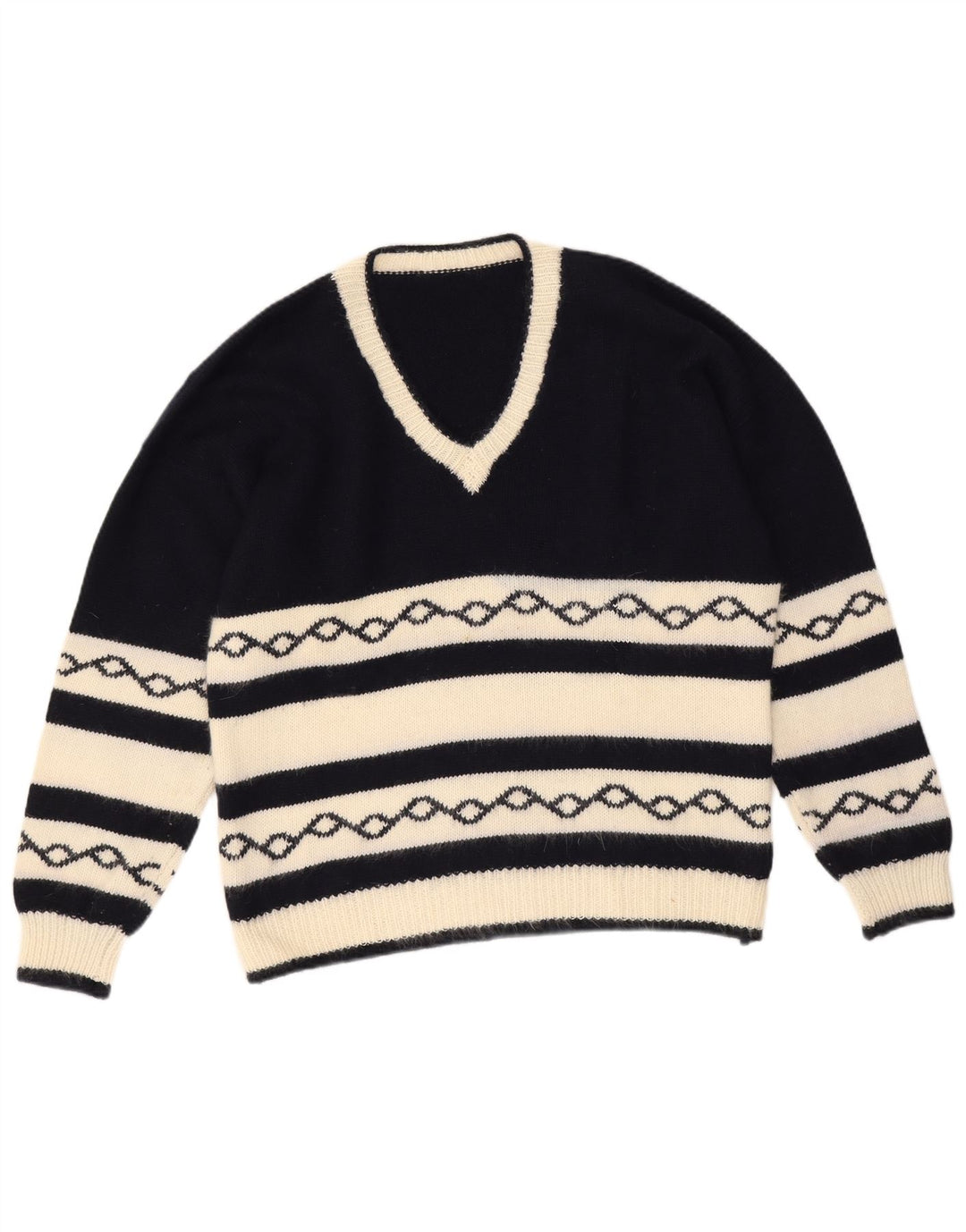 vintage Homme Col V Pull Pull Moyen Bleu Marine Géométrique