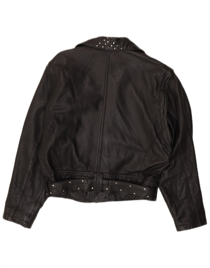 vintage Womens Crop Leather Biker Jacket UK 12 Cuir noir moyen