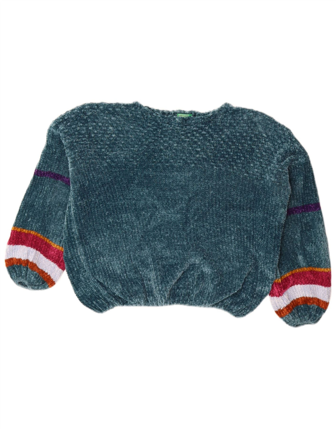 BENETTON Pull en velours à col bateau pour femme UK 12 Rayé vert moyen