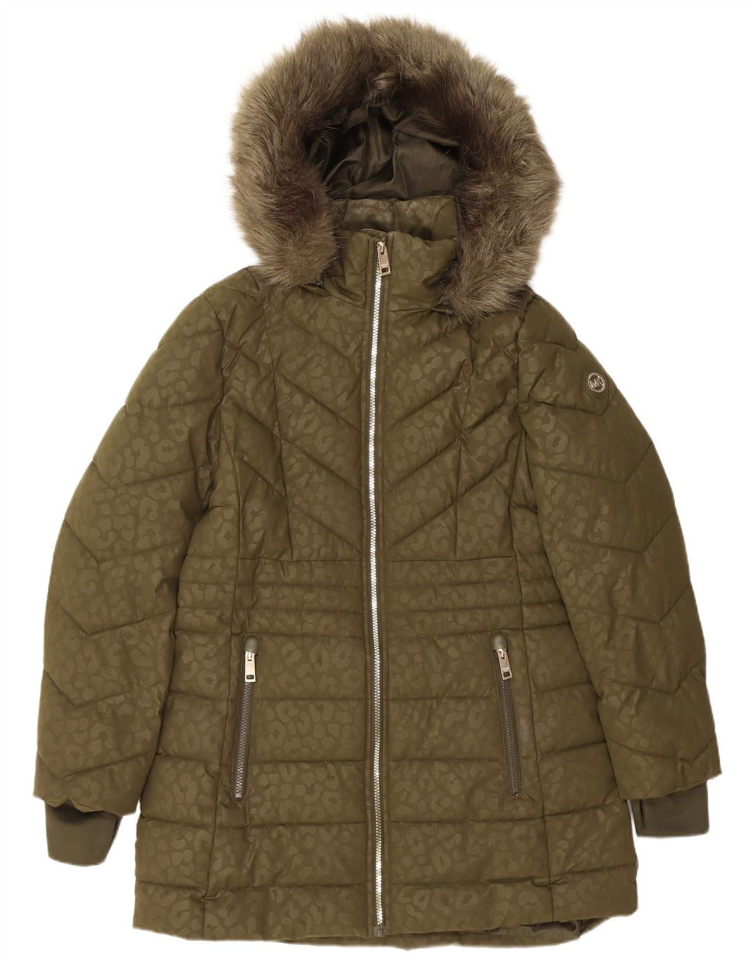 MICHAEL KORS Manteau rembourré à capuche pour femme UK 14 Kaki moyen imprimé animal