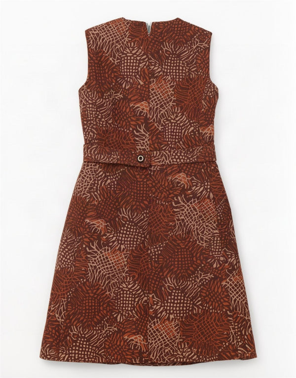 vintage Femme Robe A-Line sans manches UK 16 Grand Marron Géométrique