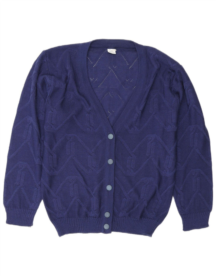 vintage Femme Cardigan Pull EU 38/40 Chevron Bleu Moyen Polyacrylique