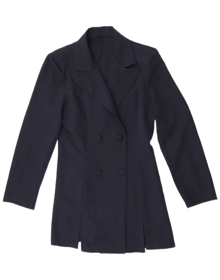 vintage Femme Double Breasted Coat UK 14 Moyen Bleu Marine Polyester