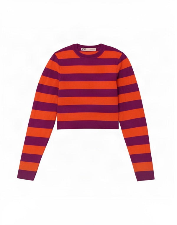 Zara Womens Crop Boat Neck Jumper Sweater UK 8 Small Violet Rayé Viscose
