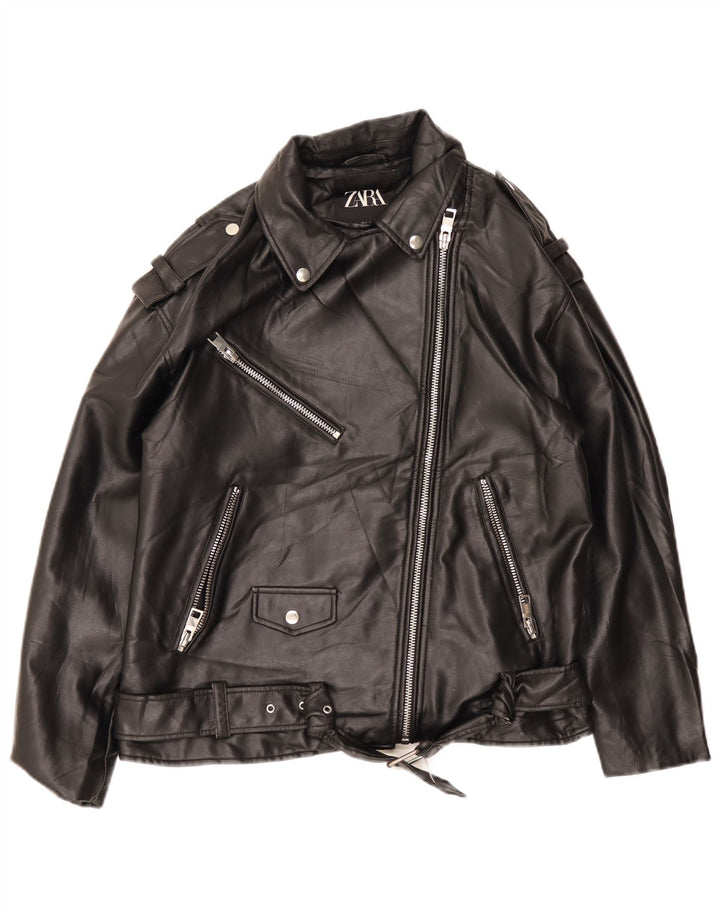 ZARA Veste de motard surdimensionnée en similicuir pour femme UK 10 Small Noir