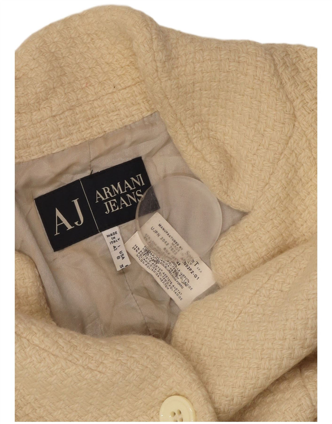 ARMANI JEANS Veste blazer courte à 3 boutons pour femme UK 12 Laine beige moyen