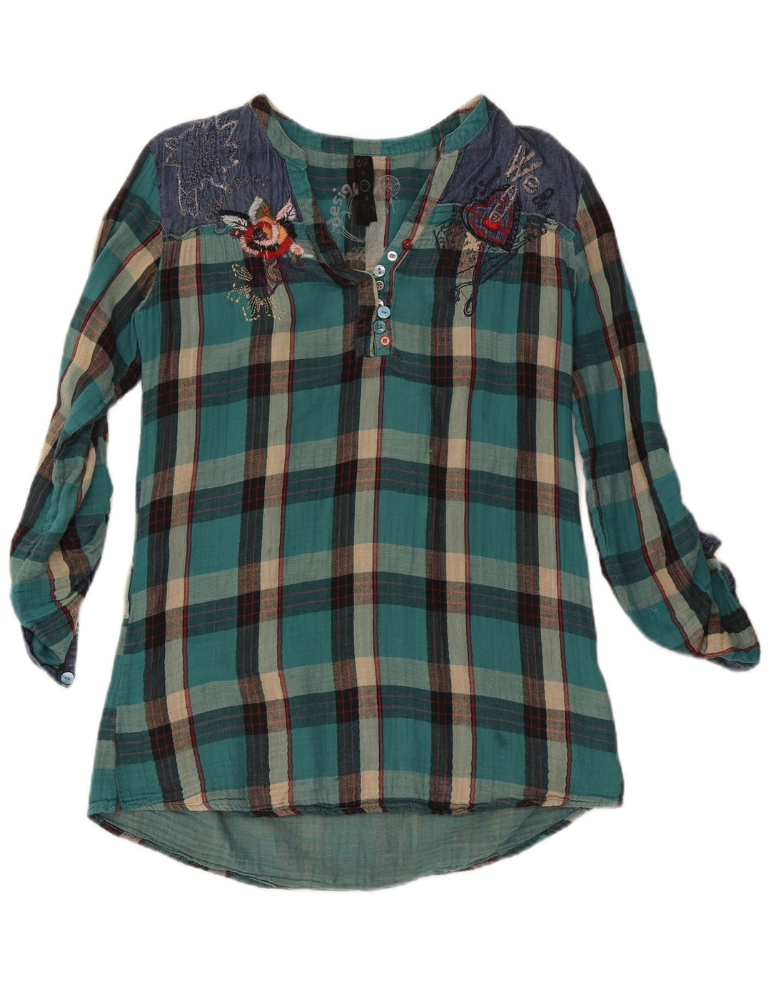 Desigual Chemisier à manches longues pour femme UK 16 Grand carreaux turquoise