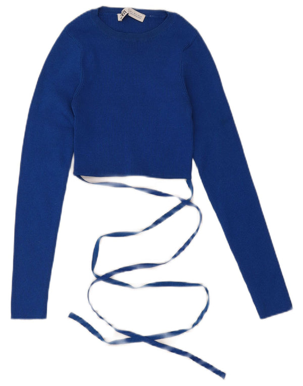 ZARA Pull court à col bateau pour femme UK 8 Small Bleu Viscose