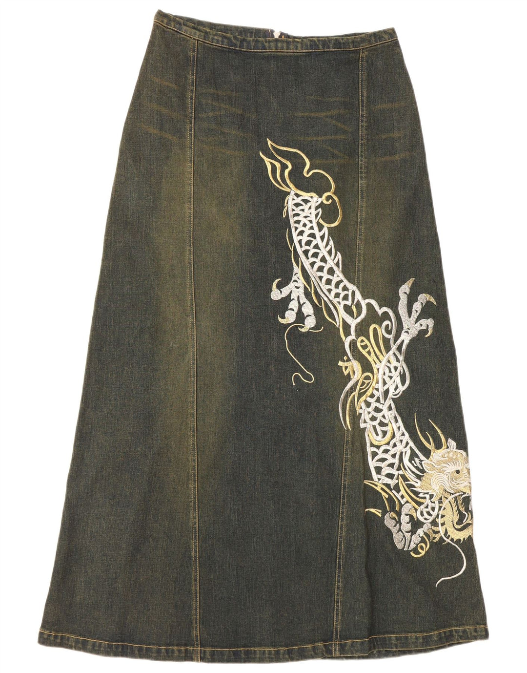 VINTAGE Jupe en denim graphique femme UK 12 Moyen W30 Coton bleu