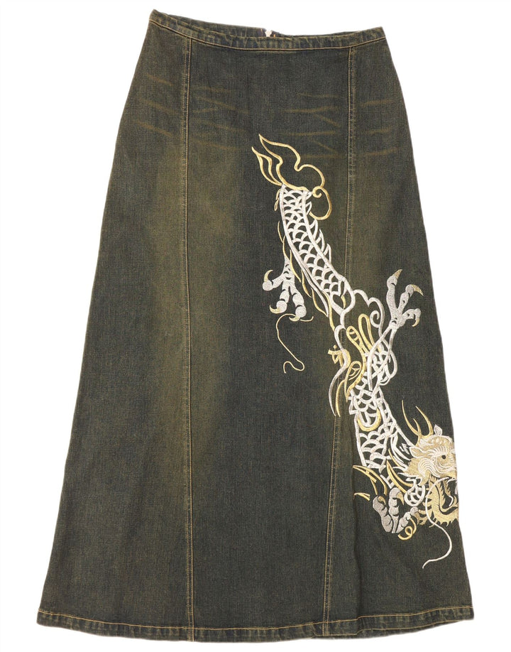 VINTAGE Jupe en denim graphique femme UK 12 Moyen W30 Coton bleu