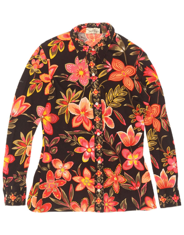 Chemisier chemise femme vintage UK 12 coton floral noir moyen
