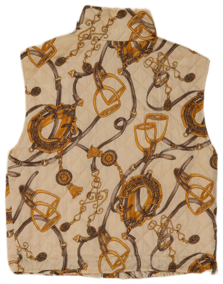 VINTAGE Gilet matelassé à motif abstrait pour femme UK 14 Grande soie blanc cassé