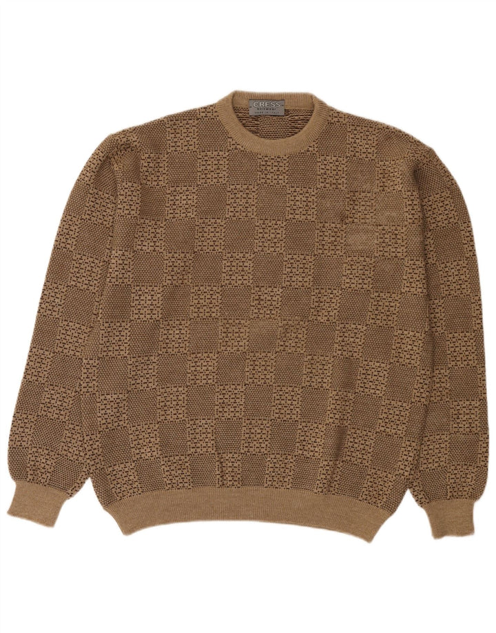 vintage Mens Crew Neck Jumper Pull Grande laine géométrique beige