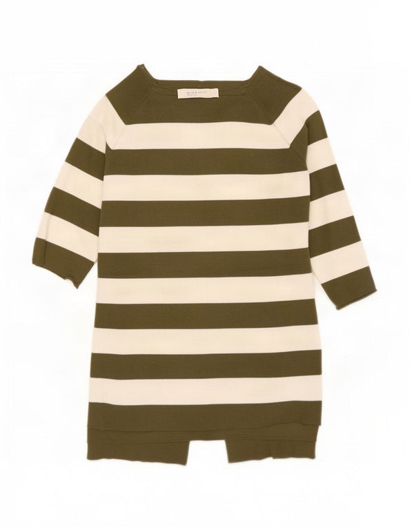 Zara Pull à manches 3/4 et col bateau pour femme UK 10 Petit kaki rayé