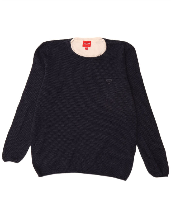 Guess Pull à col rond pour homme en coton bleu marine Taille L