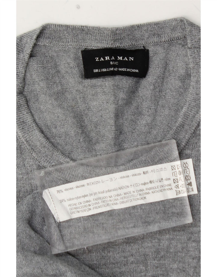 ZARA Pull à col rond pour homme Large Gris Viscose