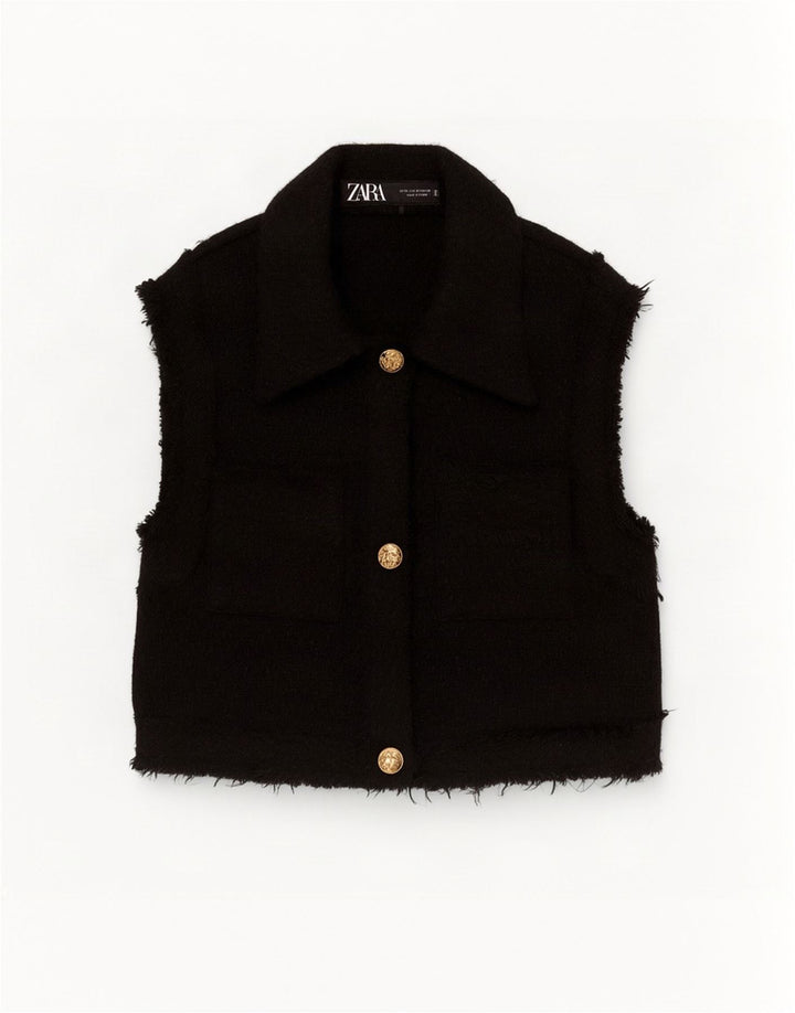 Zara Femmes Crop Gilet UK 6 XS Noir Polyester