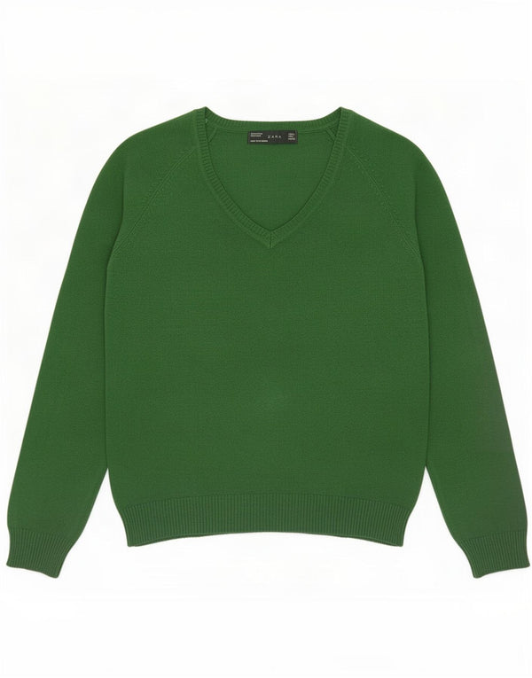 Zara Pull col V pour femme UK 14 Large Vert Coton