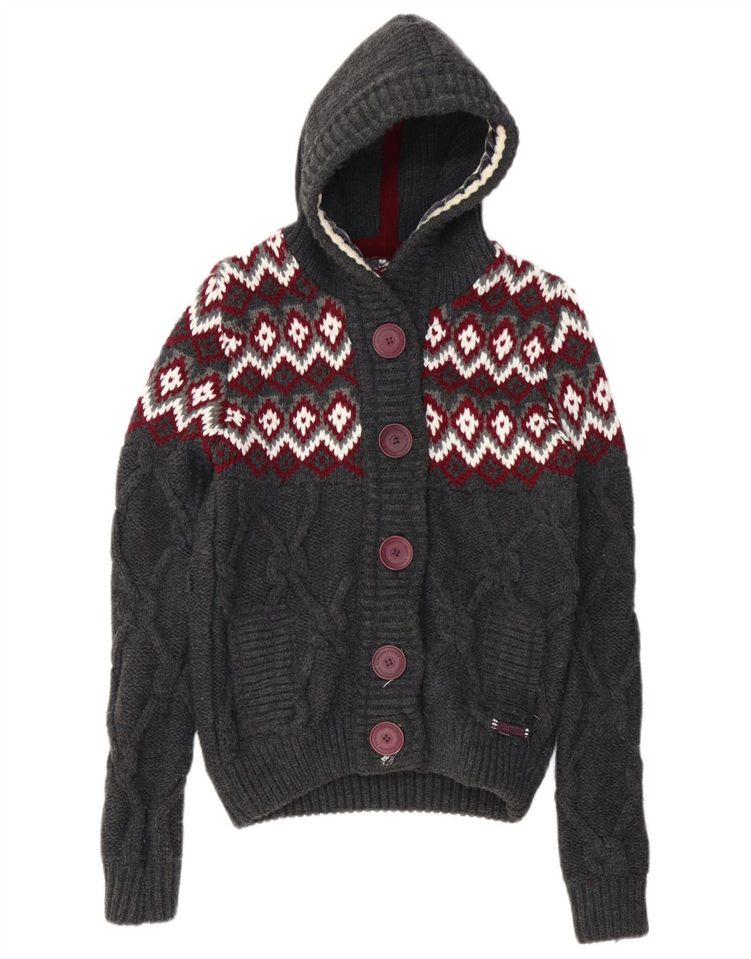 SUPERDRY Cardigan à capuche pour femme UK 10 Petit gris Fair Isle Acrylique