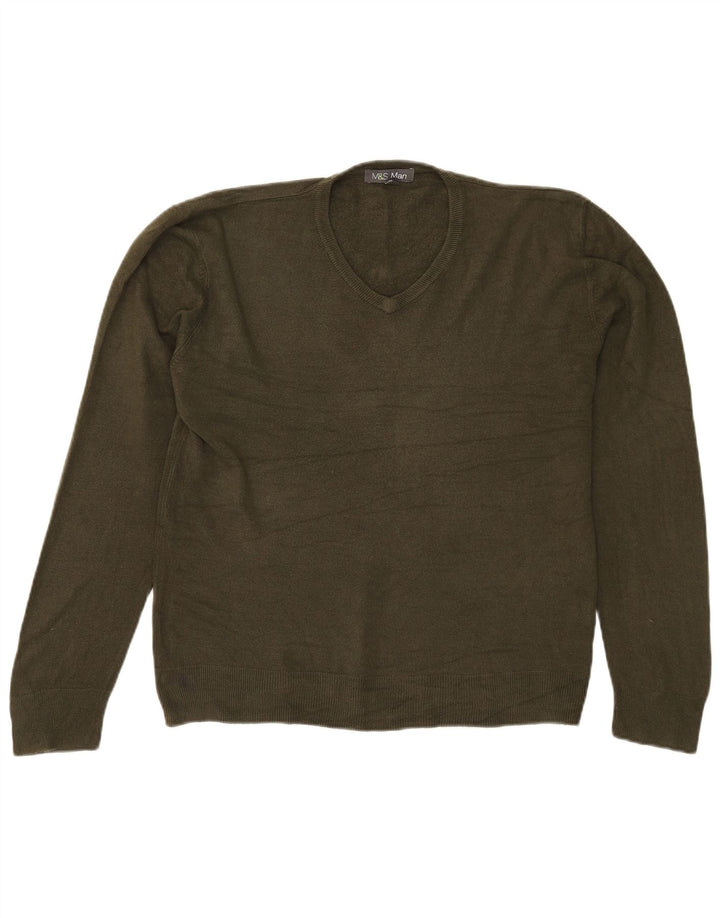 Marks & Spencer Pull col V pour homme, grand, kaki, acrylique