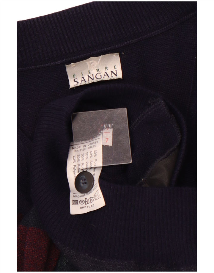 PIERRE SANGAN Homme Cardigan Pull XL Bleu Marine Rayé Laine