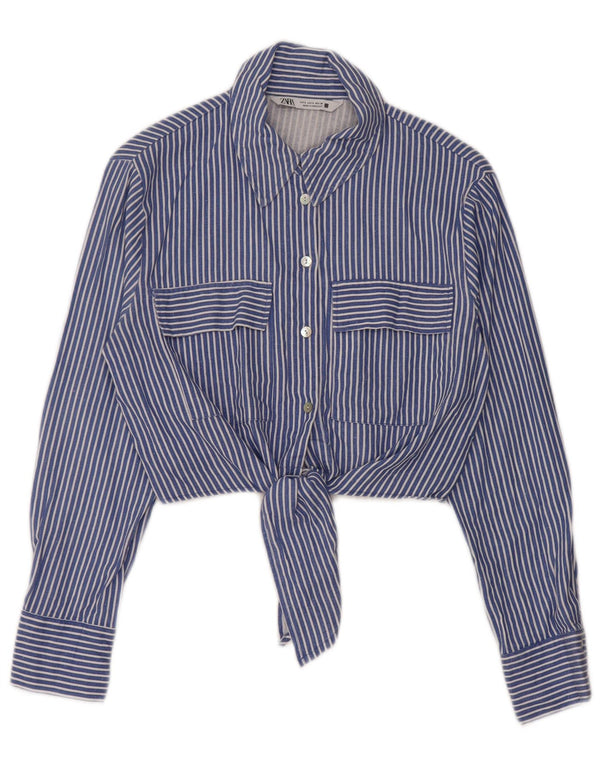 Zara Womens Front Tie Crop Shirt Blouse UK 10 Petit Bleu Rayé