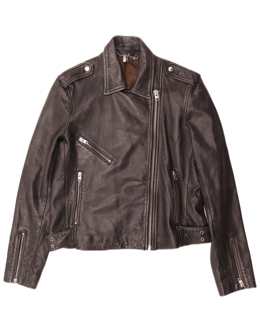 Topshop Veste de motard en cuir pour femme UK 14 Grand cuir d'agneau noir