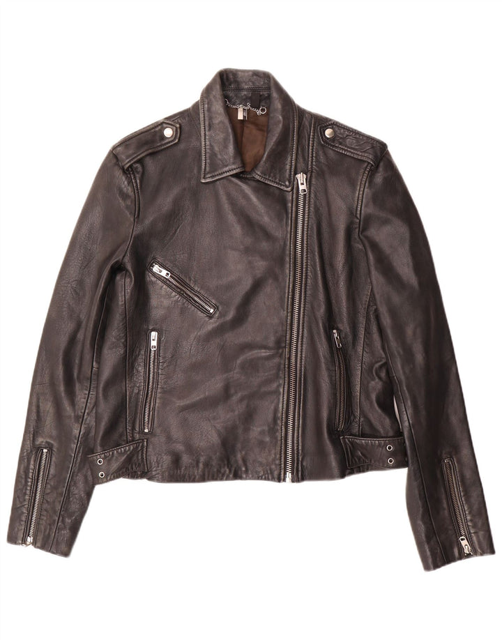 Topshop Veste de motard en cuir pour femme UK 14 Grand cuir d'agneau noir
