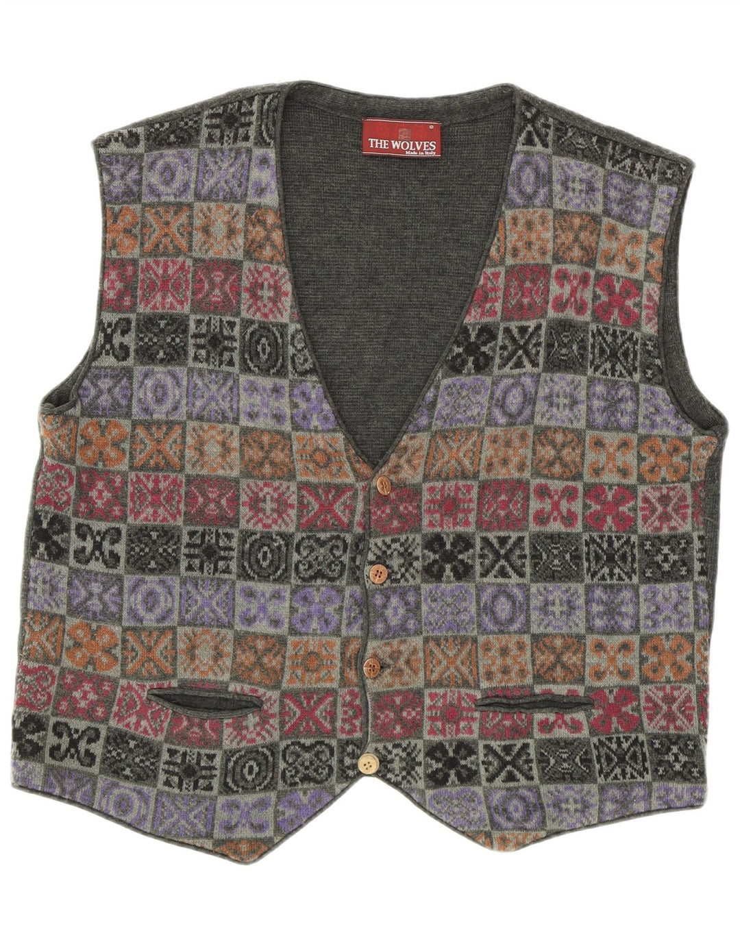 gilet tricoté vintage pour homme IT 52 Grand patchwork kaki