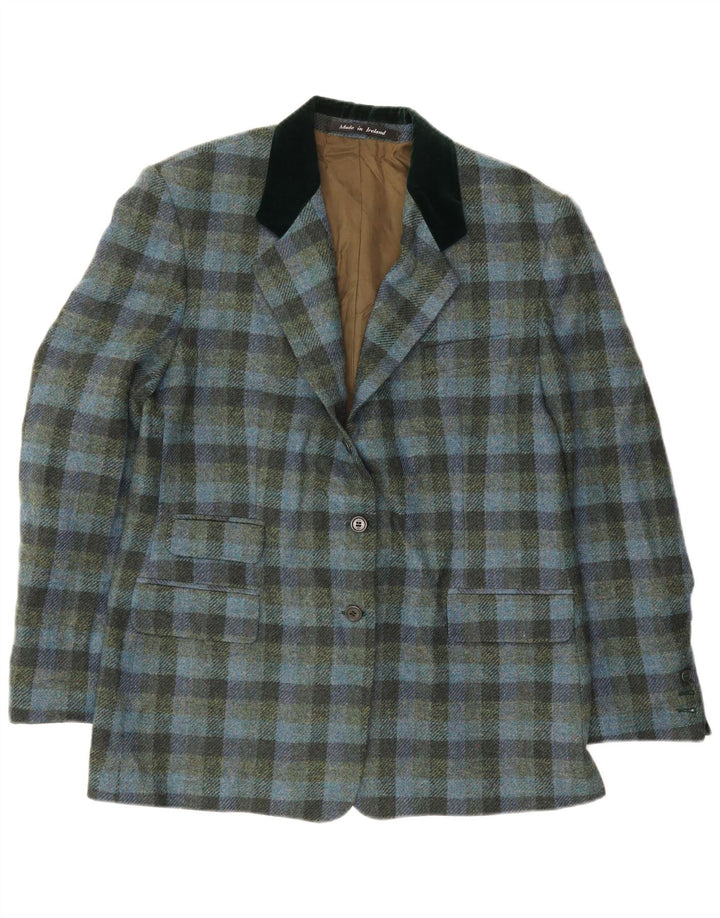 vintage Femme 2 Bouton Blazer Veste EU 46 XL Bleu Gingham Viscose