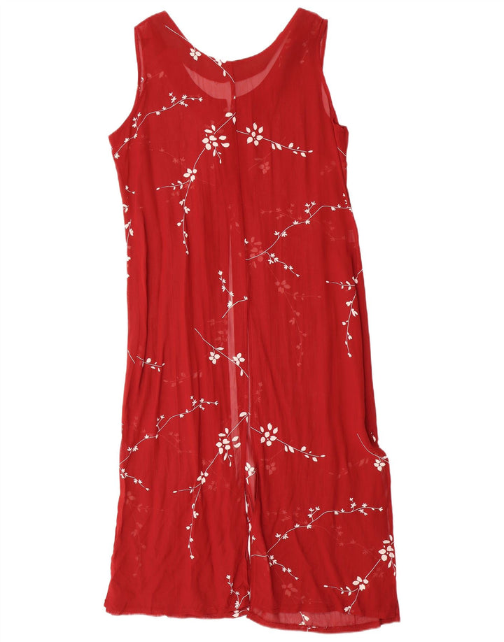 VINTAGE Femme Robe Maxi sans manches UK 14 Grande Viscose Florale Rouge