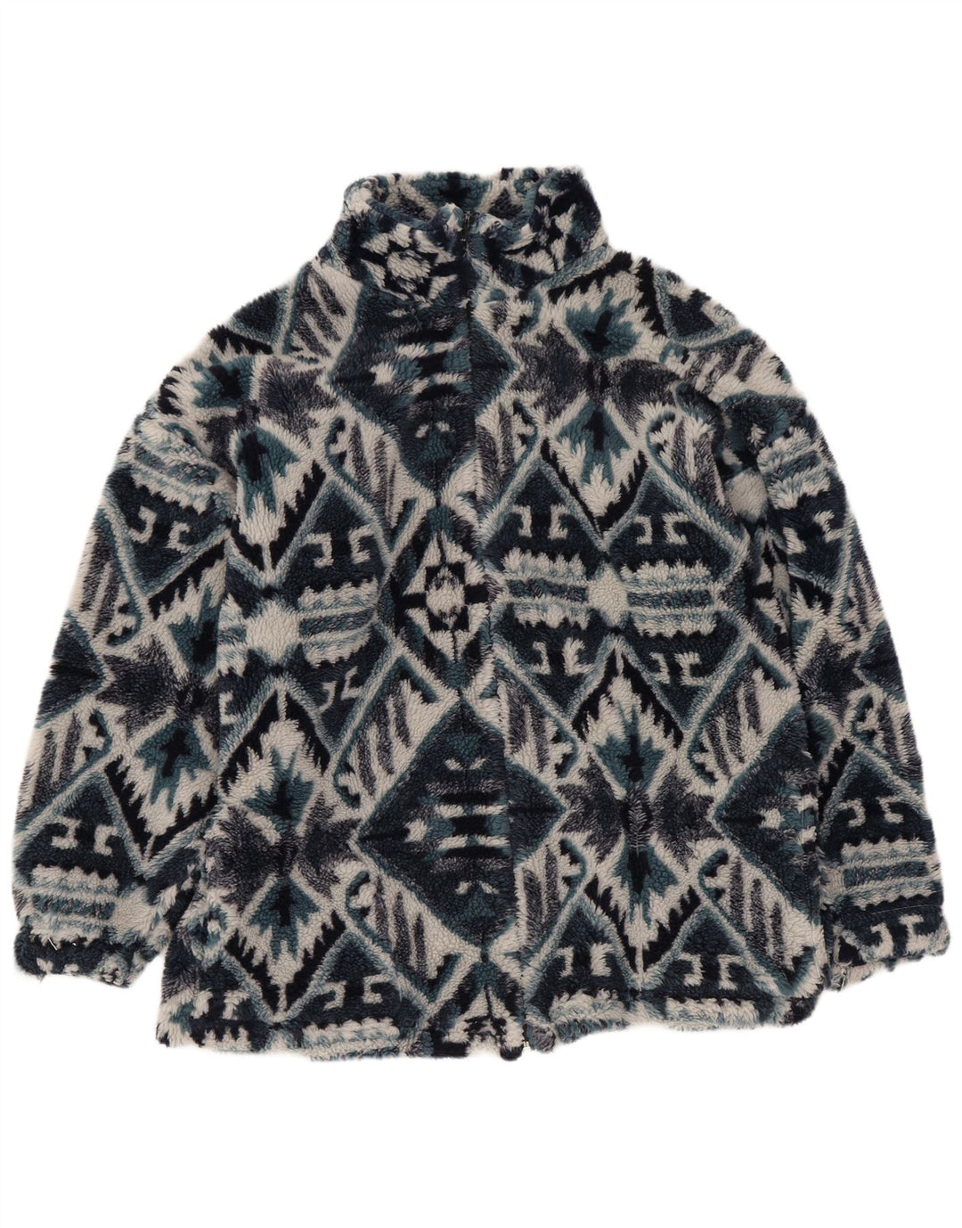 vintage Mens Fleece Jacket UK 36 Petit Bleu Marine Géométrique Aztèque