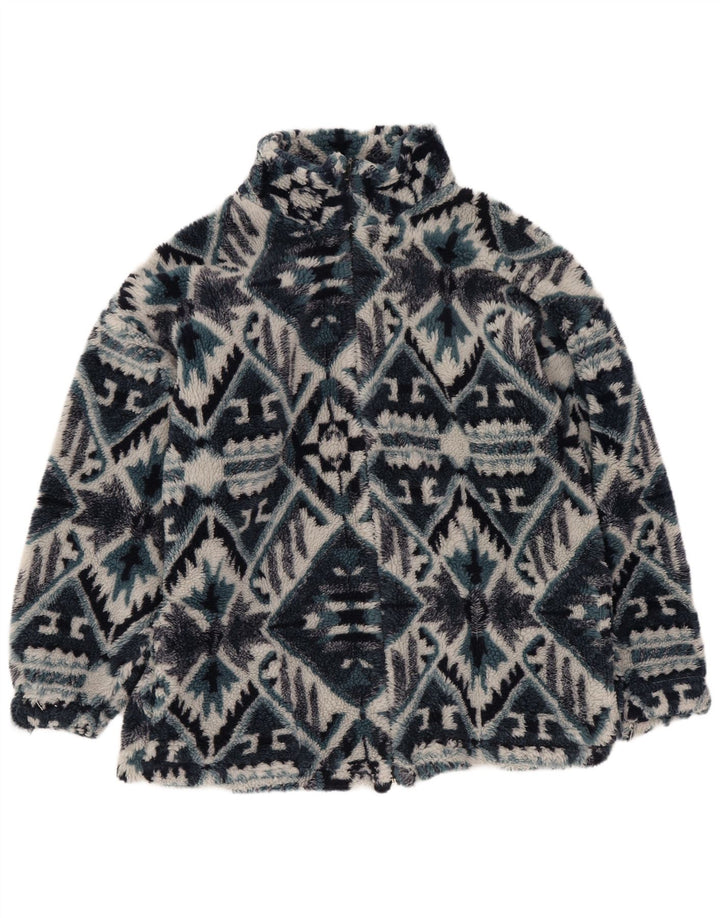 vintage Mens Fleece Jacket UK 36 Petit Bleu Marine Géométrique Aztèque