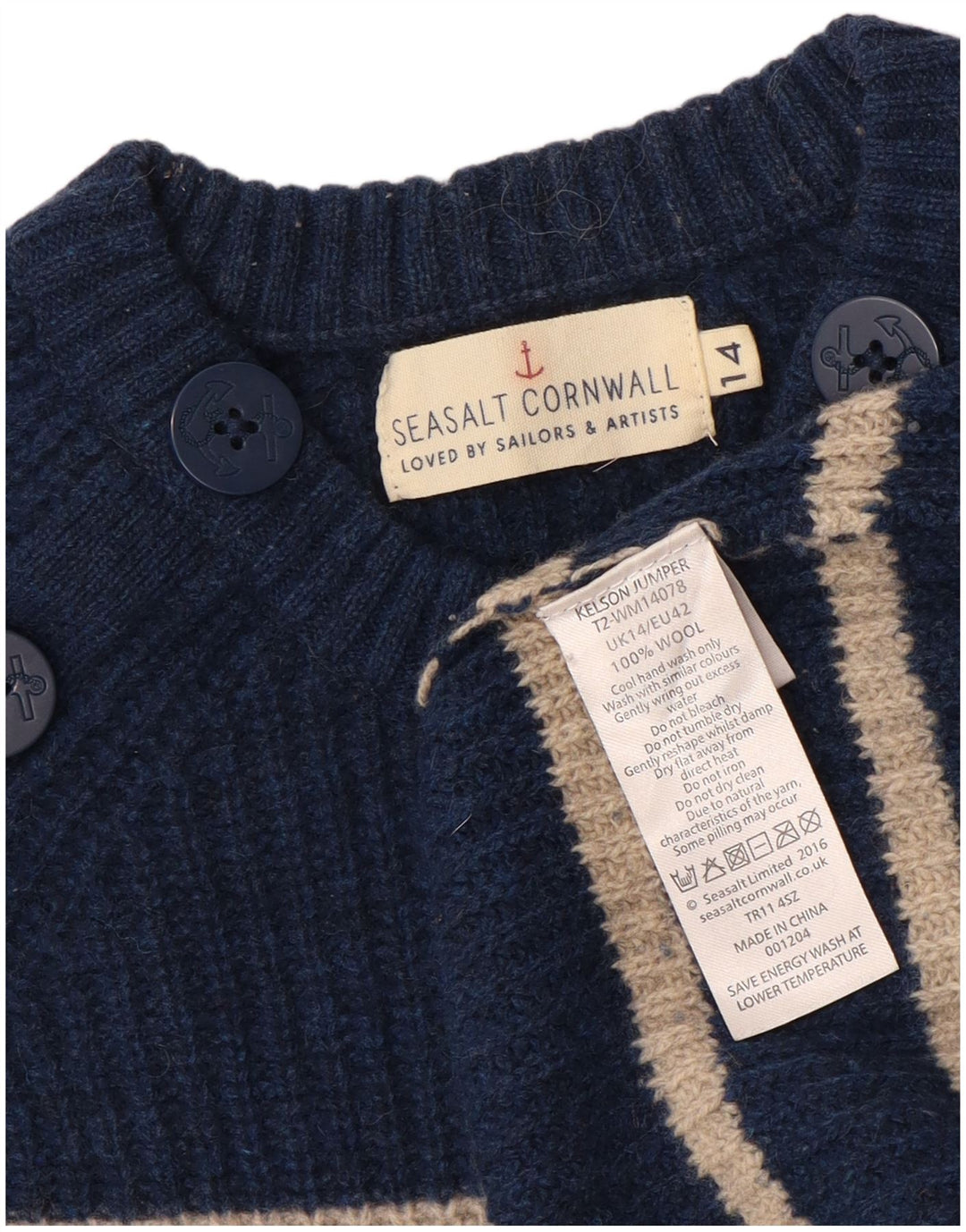 SEASALT CORNWALL Pull à col rond pour femme UK 14 Large Bleu marine