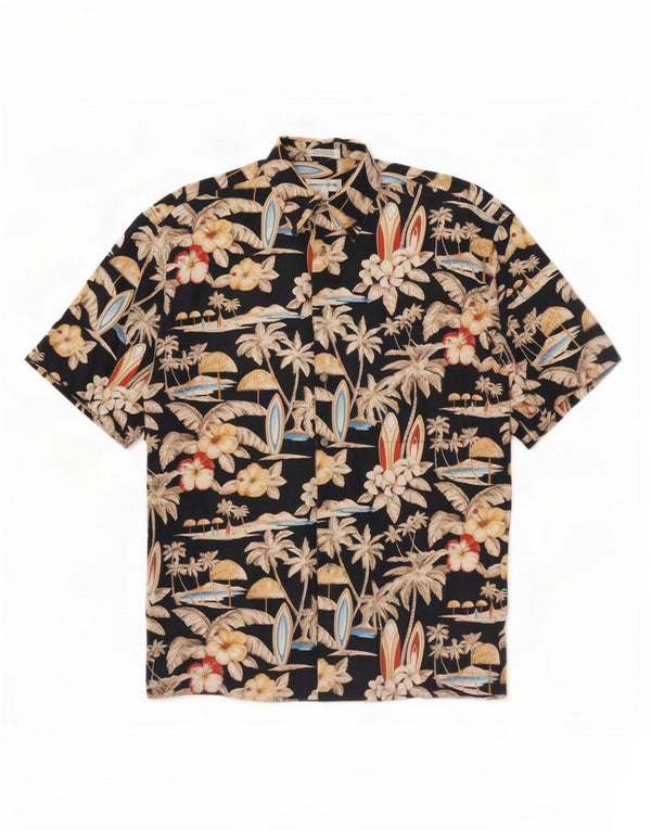 Pierre Cardin Chemise à manches courtes pour homme en coton floral noir moyen hawaïen