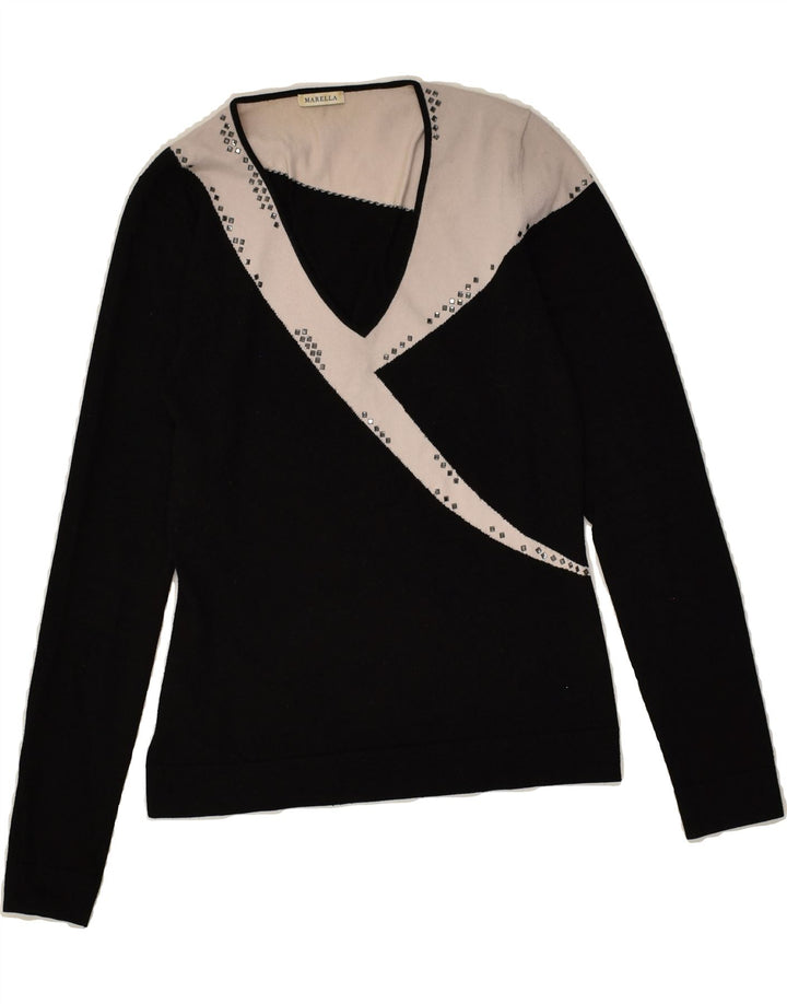 MARELLA Womens V-Neck Jumper Sweater UK 8 Small Black Colourblock | Vintage Marella | Thrift | Second-Hand Marella | Used Clothing | Messina Hembry 