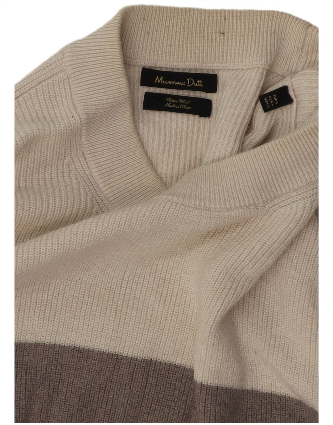 MASSIMO DUTTI Mens Crew Neck Jumper Sweater Large Beige Striped Cotton