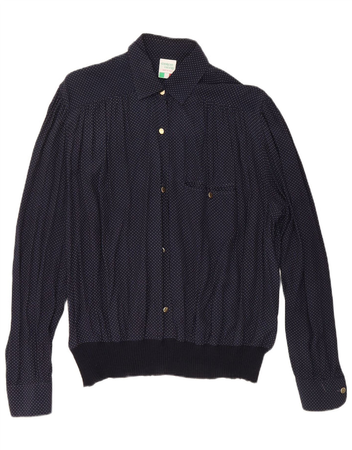 VINTAGE Chemisier Chemise Femme UK 16 Grande Viscose Tachée Bleu Marine