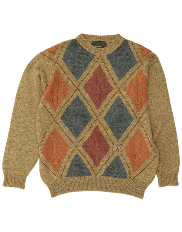 vintage Mens Crew Neck Jumper Pull Moyen Vert Argyle/Diamond Laine