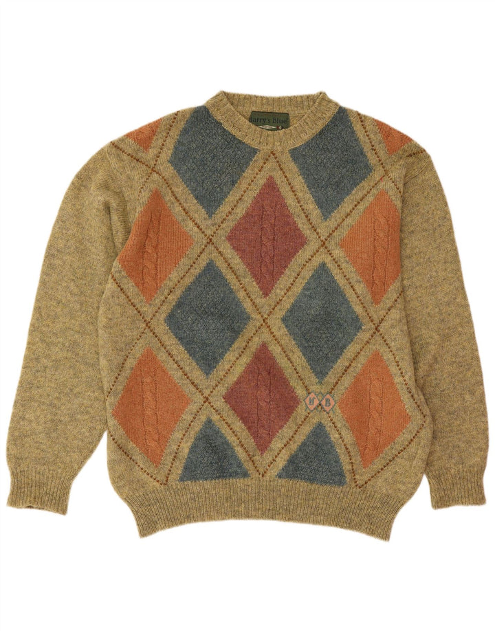 vintage Mens Crew Neck Jumper Pull Moyen Vert Argyle/Diamond Laine