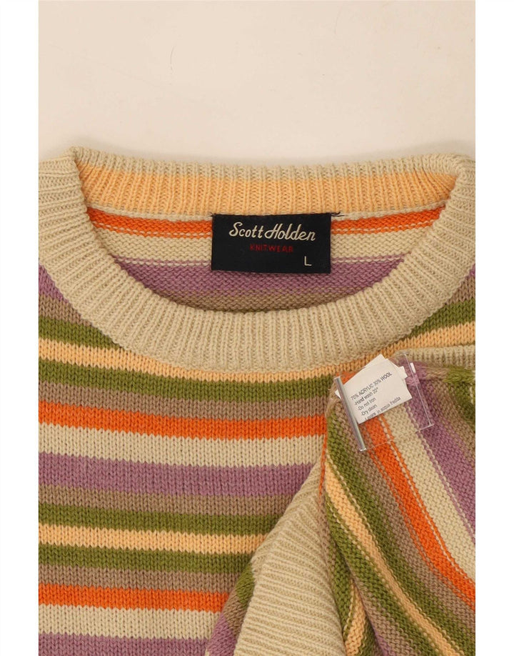 vintage Mens Crew Neck Jumper Pull Grand Acrylique Rayé Multicolore
