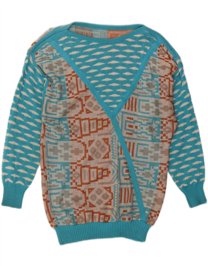 VINTAGE Femme Col Bateau Pull Pull UK 14 Moyen Bleu Géométrique