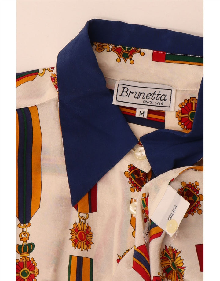 vintage Femmes Motif Abstrait Chemise Blouse UK 14 Medium White Colourblock