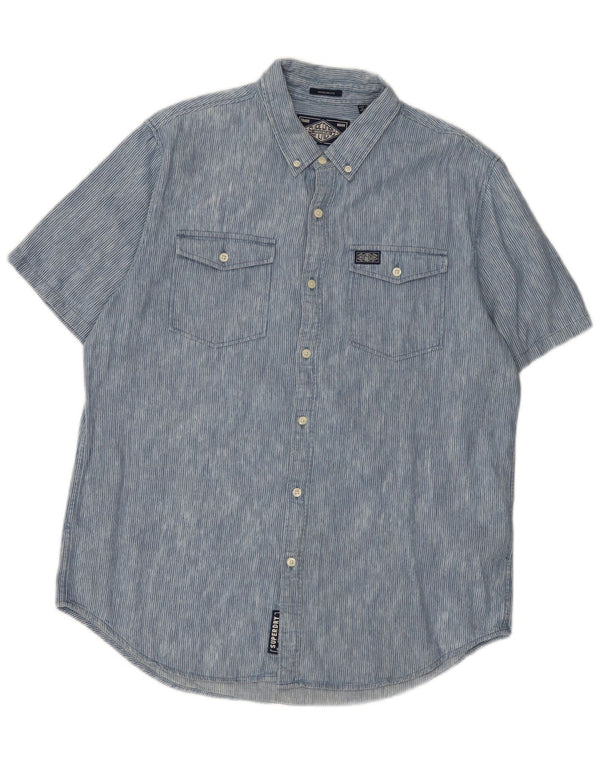 Superdry Chemise à manches courtes coupe régulière pour hommes 2XL en coton à fines rayures bleues