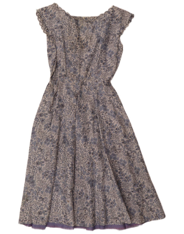 vintage Femme Robe A-Line UK 12 Bleu Moyen Floral